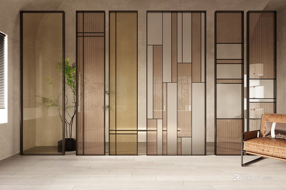 Modern Room Divider With Glass Wooden Panels Metal Frame And Geometric Patterns In Home Interior 3d model 