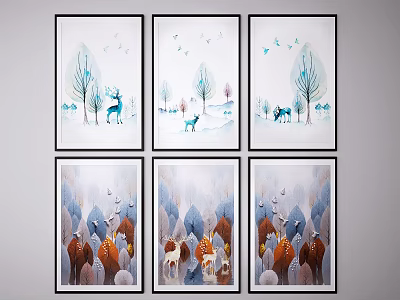 Animal Paintings Featuring Deer and Birds in Forest Scenery Modern Wall Art Prints 3d model