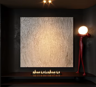 Light Textured Oil Painting on Dark Wall with Red Sculpture Holding Lamp and Fireplace Flames 3d model