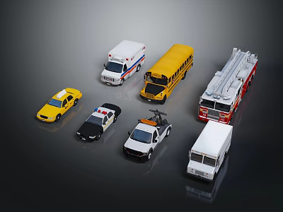 Various Toy Vehicles Including Taxi Police Car Ambulance School Bus Fire Truck And Van 3d model