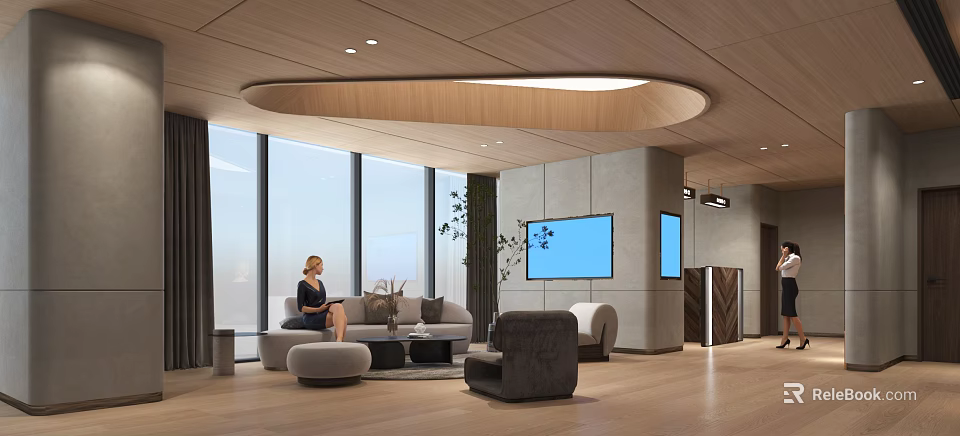 Modern Bank Lobby Interior With Comfortable Sofa Display Screen And Large Glass Windows 3d model 