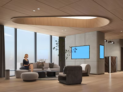 Modern Bank Lobby Interior With Comfortable Sofa Display Screen And Large Glass Windows 3d model