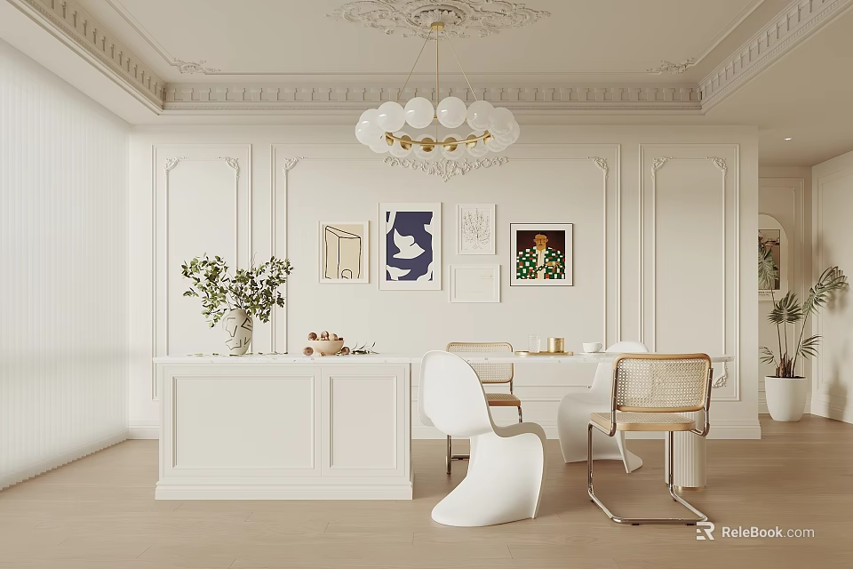 White Restaurant Interior With Chandelier Table Chairs Artwork And Greenery 3d model