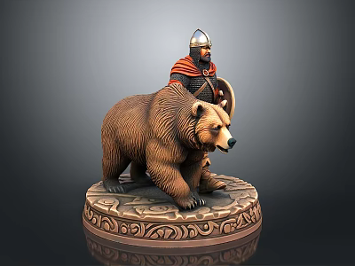 Helmeted Armored Man With Red Cape Riding Brown Bear On Ornate Base Statue 3d model