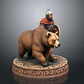 Helmeted Armored Man With Red Cape Riding Brown Bear On Ornate Base Statue