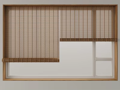 Home Window with Natural Bamboo Blinds and Wooden Frame Partially Open 3d model