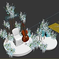 Floral Installation With Blue Flowers Golden Frames White Steps And Cello