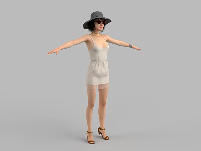 Stylish Woman In White Dress Black Hat And High Heels With Arms Outstretched 3d model