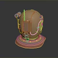 3D Model Orange Helmet Style Weapon With Metal Components Antenna Yellow Cables And Circular Base