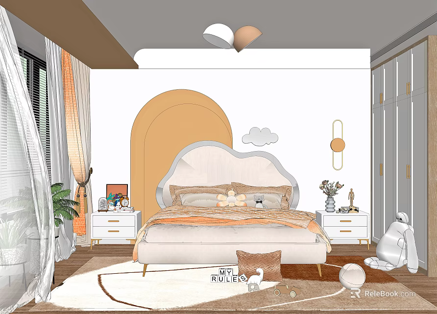 Cozy Kids Room Interior Design With Cloud Shaped Headboard Soft Color Rug And Decorative Lamps 3d model 