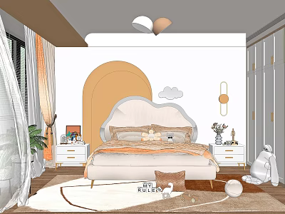 Cozy Kids Room Interior Design With Cloud Shaped Headboard Soft Color Rug And Decorative Lamps 3d model