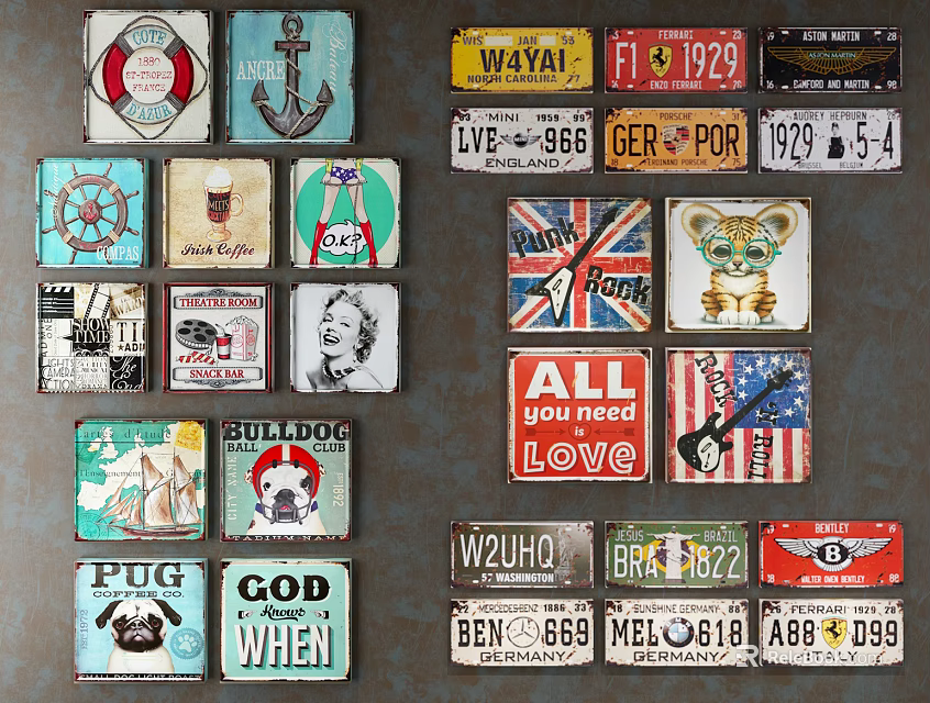 Various Vintage Metal Badges With Diverse Retro Designs And Text Elements 3d model