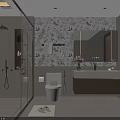 Modern Bathroom Interior with Glass Shower Floral Wall Toilet Vanity Sink Mirror and Natural Light