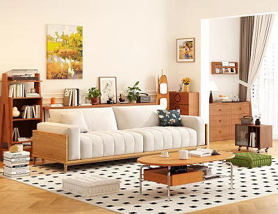 Modern Living Room With Two Seater White Sofa Wooden Frame Bookshelf Coffee Table And Wall Painting 3d model
