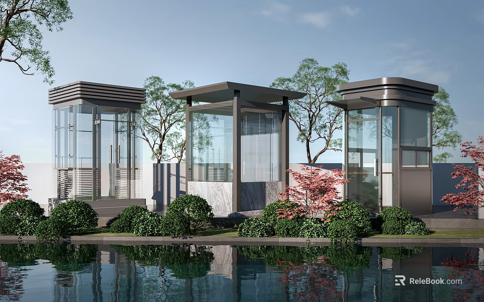 Modern Guard Booths With Glass Structure Surrounded By Green Plants Trees Water Pool And Reflection 3d model 