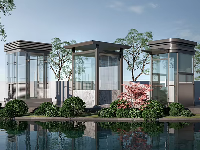 Modern Guard Booths With Glass Structure Surrounded By Green Plants Trees Water Pool And Reflection 3d model