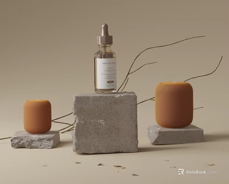 Stone Display Shelves Featuring Brown Bottle Orange Cylindrical Objects And Dry Branches On Beige Background 3d model 