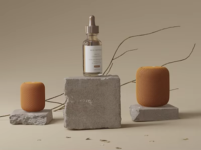 Stone Display Shelves Featuring Brown Bottle Orange Cylindrical Objects And Dry Branches On Beige Background 3d model