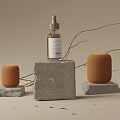 Stone Display Shelves Featuring Brown Bottle Orange Cylindrical Objects And Dry Branches On Beige Background