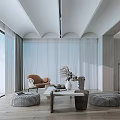 Modern Living Dining Room With Arched Ceilings Large Windows Beige Sofa And Orange Accent Chair