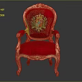 Ornate Single Chair With Golden Carved Frame Red Velvet Upholstery And Crest Design