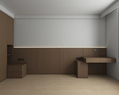 Modern Wooden Wardrobe Interior Design With Storage Desk And Cabinetry In Minimalist Room 3d model