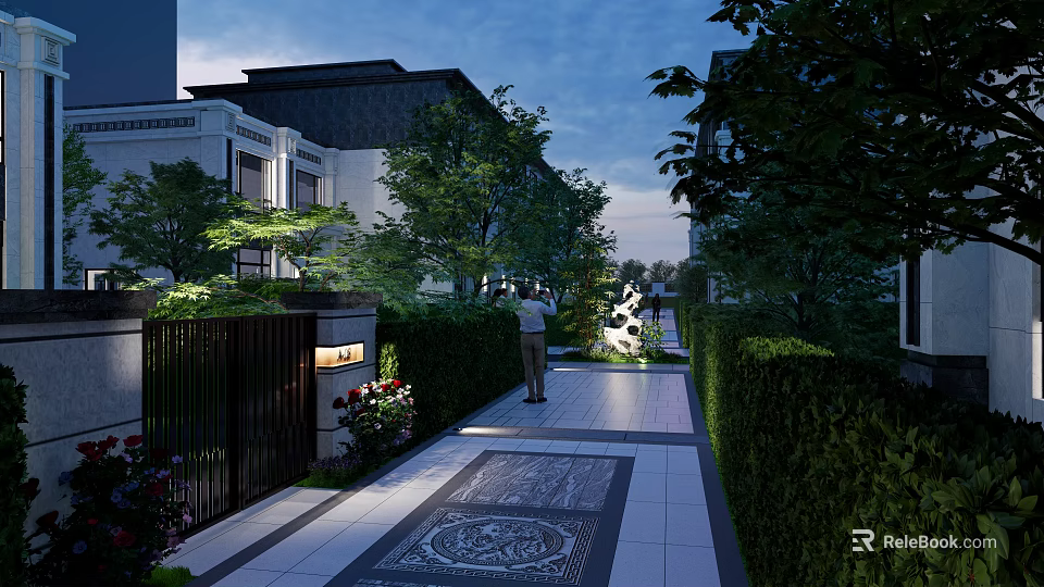 Serene Garden Landscape with Patterned Stone Pathway Hedges Trees Sculpture and Evening Lighting 3d model 