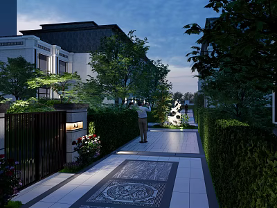 Serene Garden Landscape with Patterned Stone Pathway Hedges Trees Sculpture and Evening Lighting 3d model