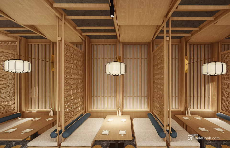 Traditional Japanese Restaurant Interior With Wooden Screens Lanterns Long Tables And Benches 3d model 