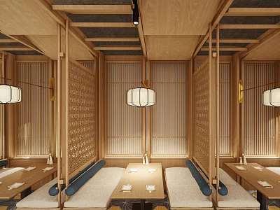 Traditional Japanese Restaurant Interior With Wooden Screens Lanterns Long Tables And Benches 3d model