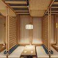 Traditional Japanese Restaurant Interior With Wooden Screens Lanterns Long Tables And Benches