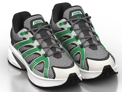 ASICS Running Shoes With Gray White Green Mesh Upper And Sporty Stripes Design 3d model