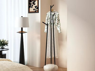 Modern Coat Rack Holding Floral Dress In Cozy Bedroom With Floor Lamp And Wall Art 3d model
