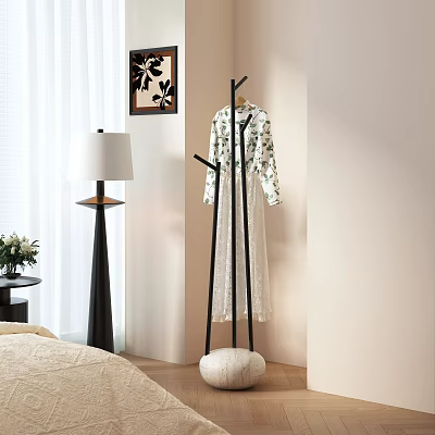 Modern Coat Rack Holding Floral Dress In Cozy Bedroom With Floor Lamp And Wall Art 3d model
