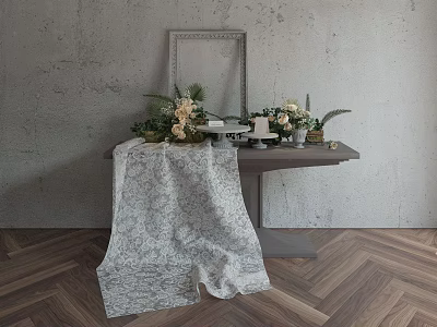 Console Table with Gray Wall Wooden Floor Mirror Floral Decorations Candlesticks and Draped Tablecloth 3d model