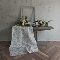 Console Table with Gray Wall Wooden Floor Mirror Floral Decorations Candlesticks and Draped Tablecloth