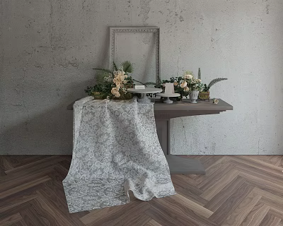 Console Table with Gray Wall Wooden Floor Mirror Floral Decorations Candlesticks and Draped Tablecloth 3d model
