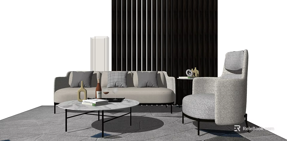 Light Gray Sofa Coffee Table Set with Pillows Round Table Accent Chair Vertical Stripe Screen 3d model