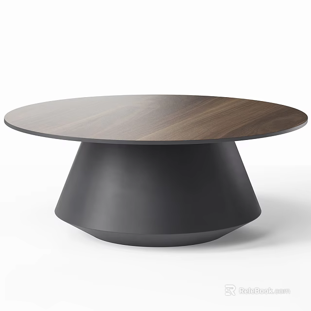 Modern Round Coffee Table with Walnut Wooden Top and Black Geometric Base Design 3d model 