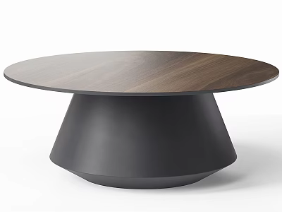 Modern Round Coffee Table with Walnut Wooden Top and Black Geometric Base Design 3d model