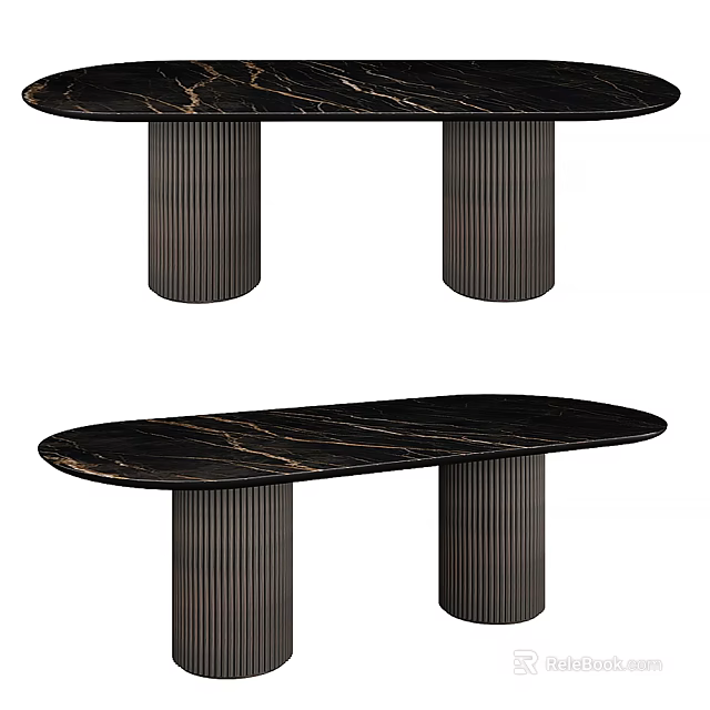 Elegant Oval Dining Table With Black Marble Top And Golden Veins On Dark Striped Legs 3d model 