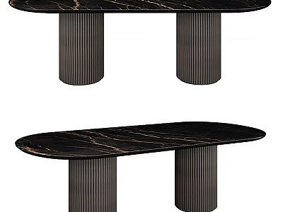 Elegant Oval Dining Table With Black Marble Top And Golden Veins On Dark Striped Legs 3d model
