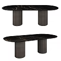 Elegant Oval Dining Table With Black Marble Top And Golden Veins On Dark Striped Legs