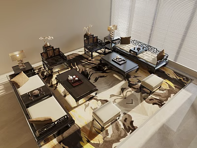 Modern Sofa and Coffee Table Set with Patterned Rug Table Lamps and Window Blinds 3d model