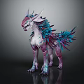 Fantasy Creature With Purple Blue Feathers White Purple Body Horned Sharp Teeth Standing Pose