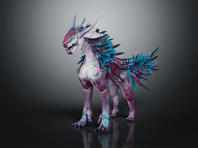 Fantasy Creature With Purple Blue Feathers White Purple Body Horned Sharp Teeth Standing Pose 3d model