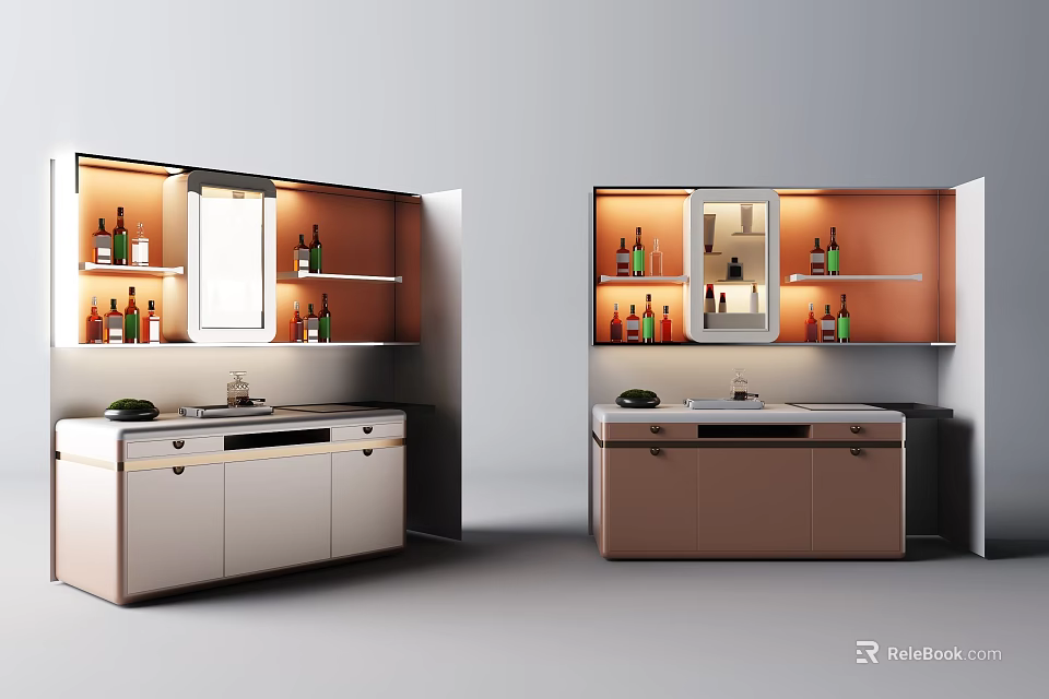 Modern Bar Interior With Beige And Rose Gold Cabinets Wine Racks And Mirror 3d model 