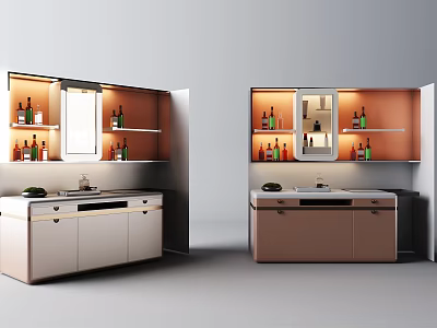 Modern Bar Interior With Beige And Rose Gold Cabinets Wine Racks And Mirror 3d model