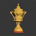 Ornate Shiny Golden Trophy With Decorative Lid Handles And Red Base