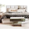 Modern Double Bed with Light Headboard Pillows Bedside Tables and Bean Bag Chair